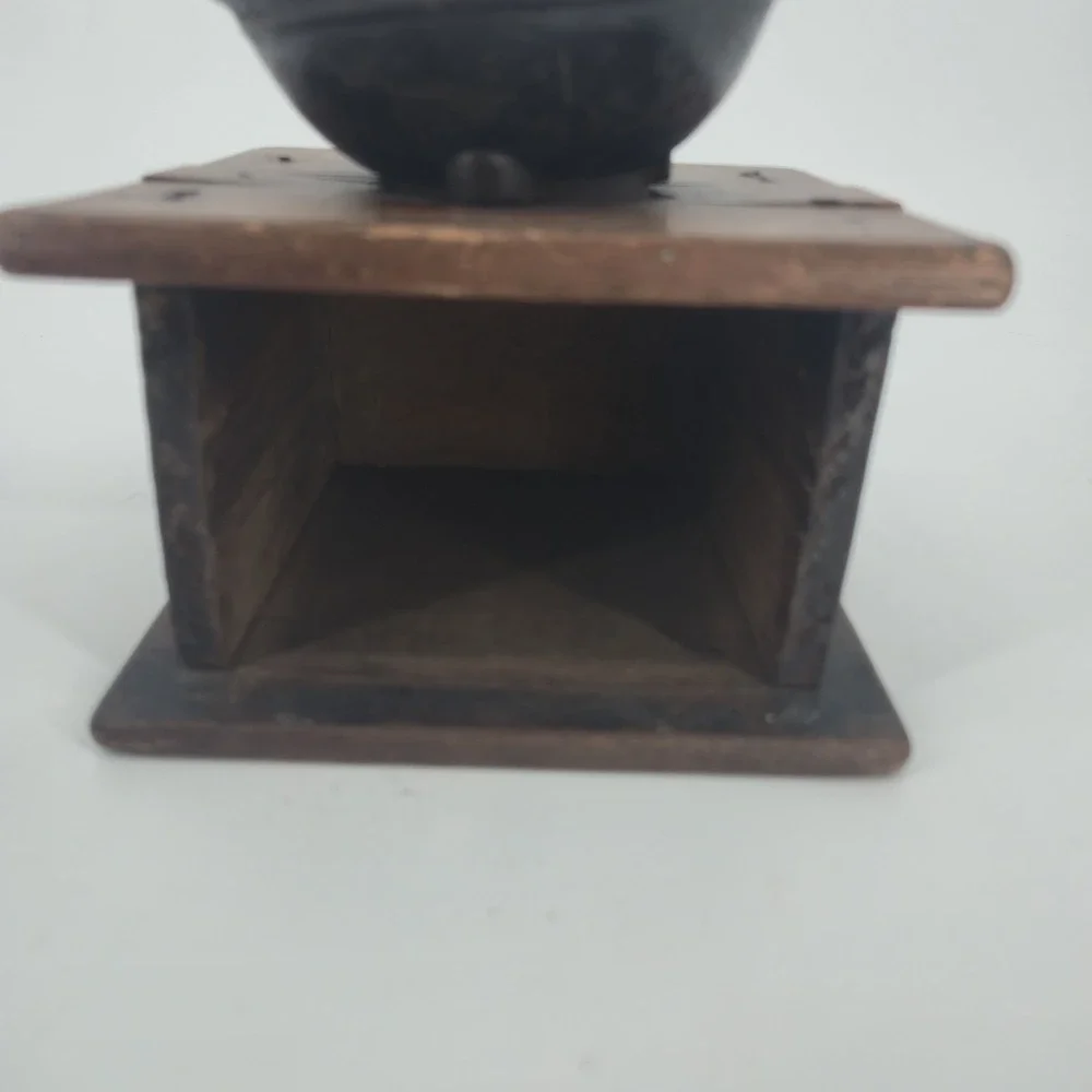 Antique Wooden Coffee Grinder Cast Iron Hand Crank Mill Porcelain Knob Vintage